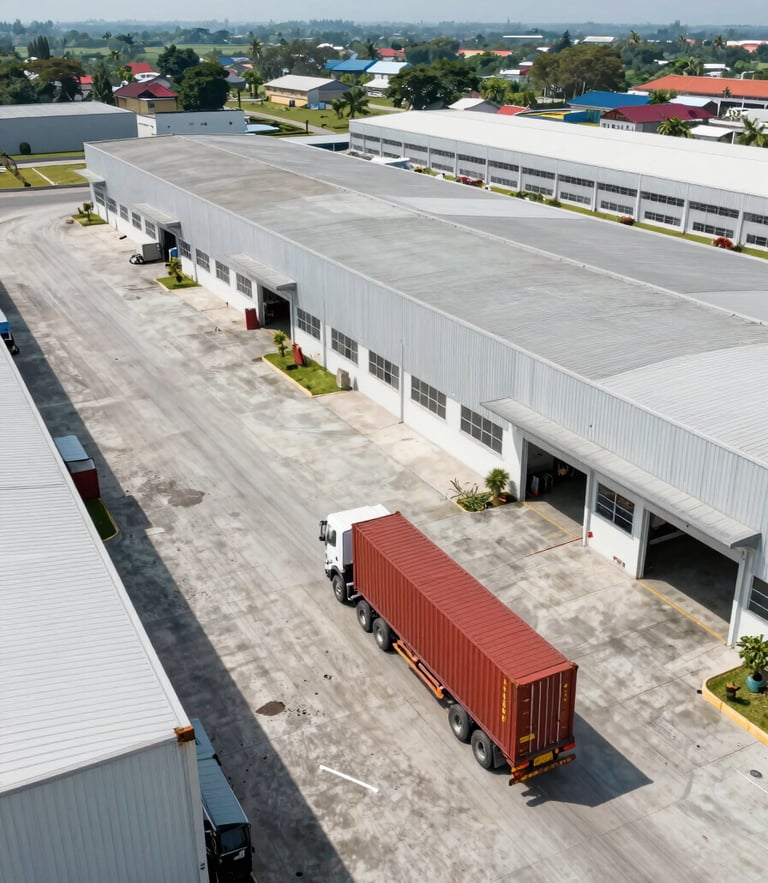 Wide-angle drone perspective of a modern industrial warehouse complex in Manado, clean concrete yard, container truck maneuvering, bright daylight.