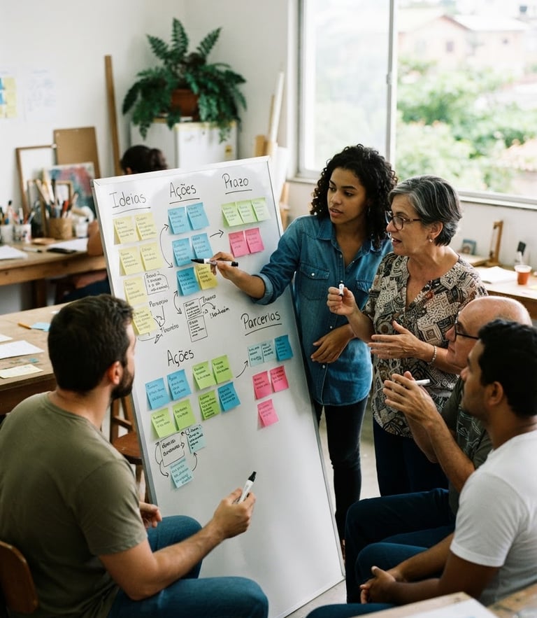A candid medium shot of young and adult citizens collaborating in a bright workshop room in Itanhaém, natural light, focused on a planning board with sticky notes, deep green accents, authentic editorial photography.