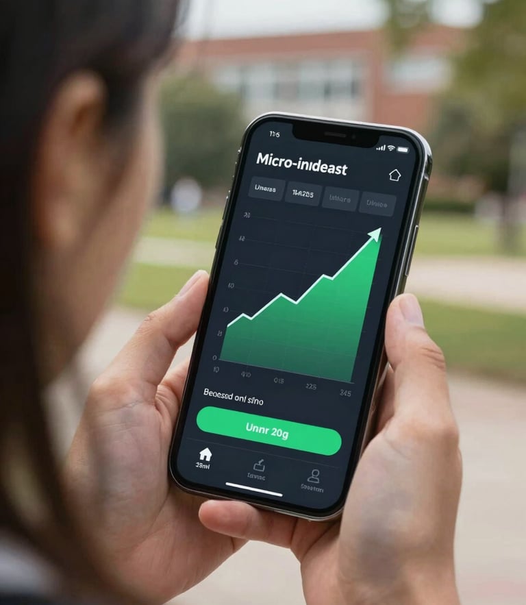 A close-up over-the-shoulder shot of a university student using a clean, dark-themed micro-investment mobile application showing upward-trending green charts, natural campus daylight background, high-fidelity UI
