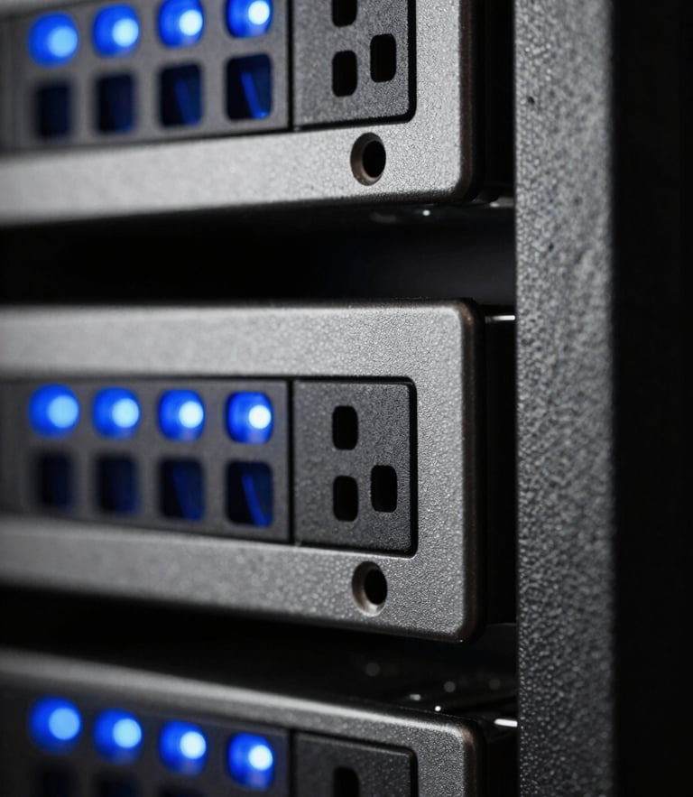 Macro close-up of high-contrast server rack with sharp electric blue LED lights, crisp studio lighting, minimal composition