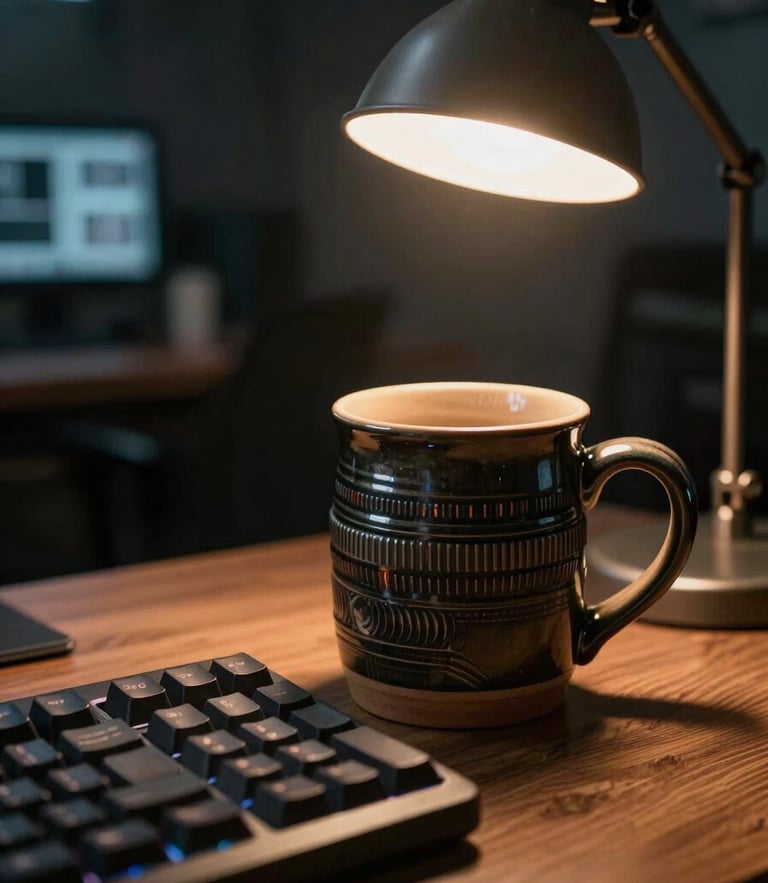 Cinematic portrait shot of a heavy dark ceramic mug next to a mechanical keyboard, warm amber glow from a single desk lamp illuminating knurled metal textures, low-light security operations center in the soft-focus background.