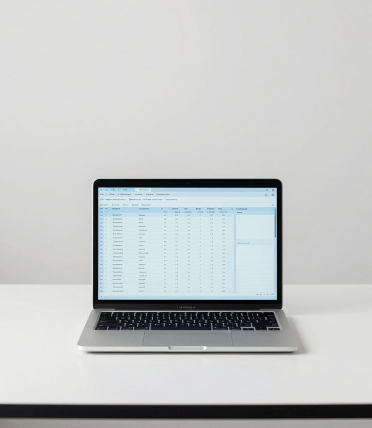 Straight-on medium shot of a minimalist office desk in bright neutral daylight, a modern laptop showing a clean spreadsheet, soft corporate blue tones, sharp focus, 35mm