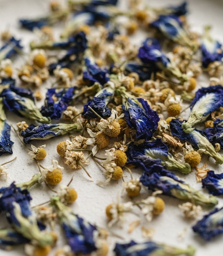 Close-up macro shot of vibrant dried chamomile and blue pea flowers on a clean ivory surface, soft natural window light with gentle shadows.