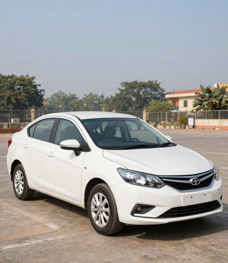 A clean white sedan parked in front of Patna Gandhi Maidan under bright natural morning daylight, sharp focus, 35mm lens