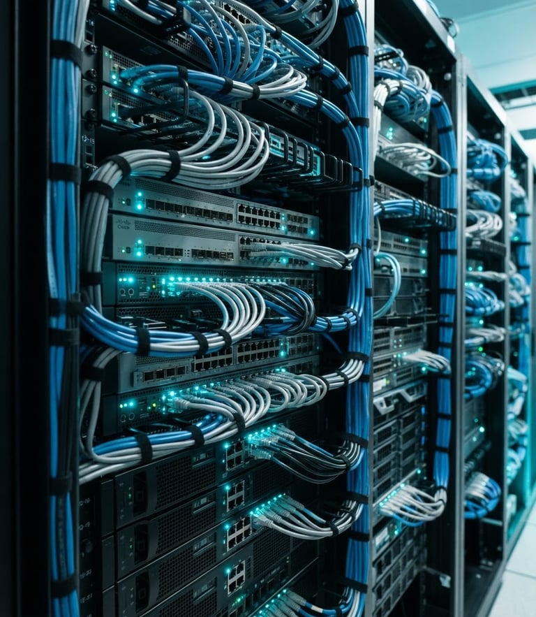 Close-up of clean server rack wiring with cyan status lights, crisp technical studio lighting, sharp focus, 35mm lens