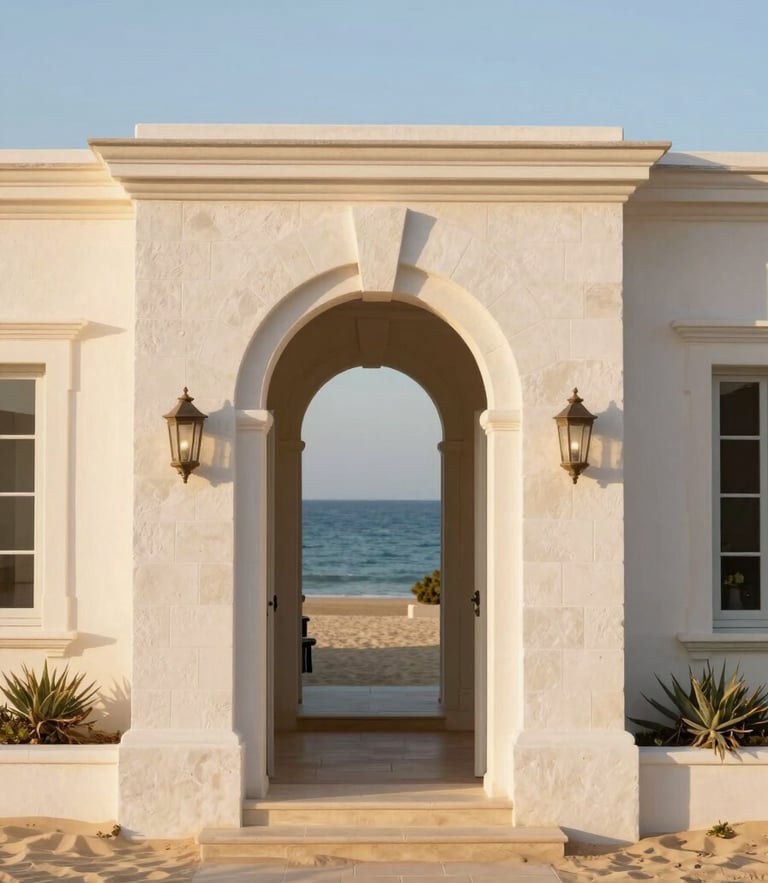 Elegant white stone villa entrance in Île de Ré, warm golden-hour sunlight, soft sand tones, architectural details, 35mm