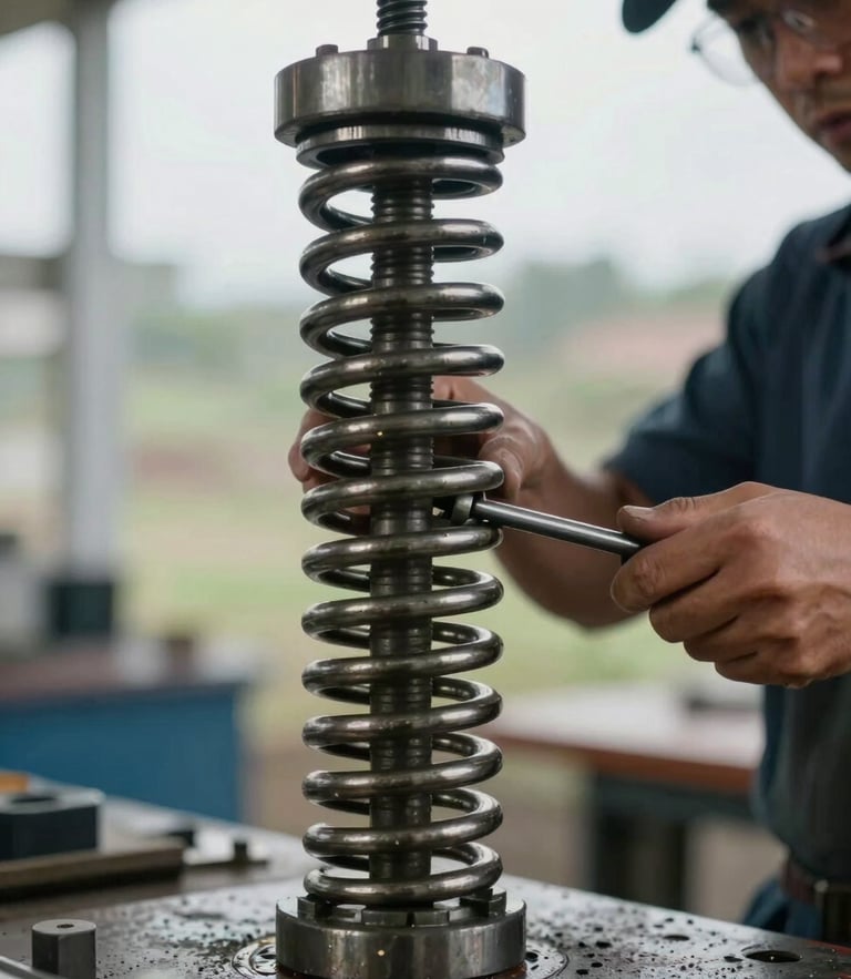 A close-up of a heavy-duty steel torsion spring being adjusted with tension rods by a technician, natural overcast daylight, sharp focus on hardware.