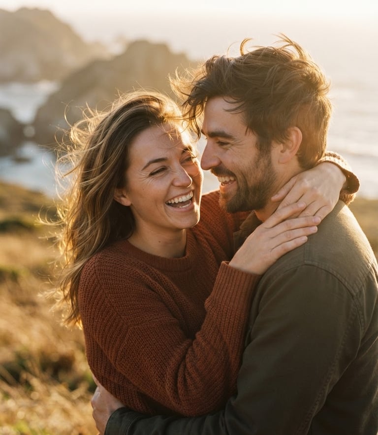 Intimate close-up of a laughing couple with wind-blown hair, warm golden-hour backlighting, soft lens flare, cinematic 35mm film aesthetic