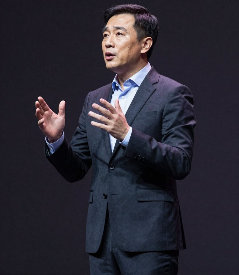 Dynamic mid-shot of a professional speaker in a dark suit gesturing actively on a spotlighted stage, deep charcoal background, sharp focus, editorial style