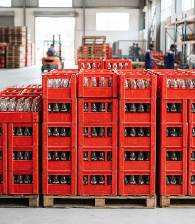 Straight-on medium shot of stacked red crates of Coca-Cola glass bottles inside a bright, clean Gopalganj warehouse, high-key daylight, sharp focus, 35mm