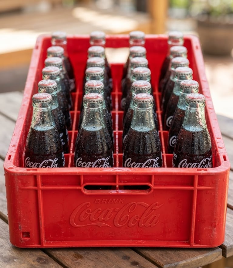 Straight-on commercial shot of chilled Coca-Cola glass bottles in a bright red crate, condensation droplets visible, sharp focus, vibrant daylight, 35mm