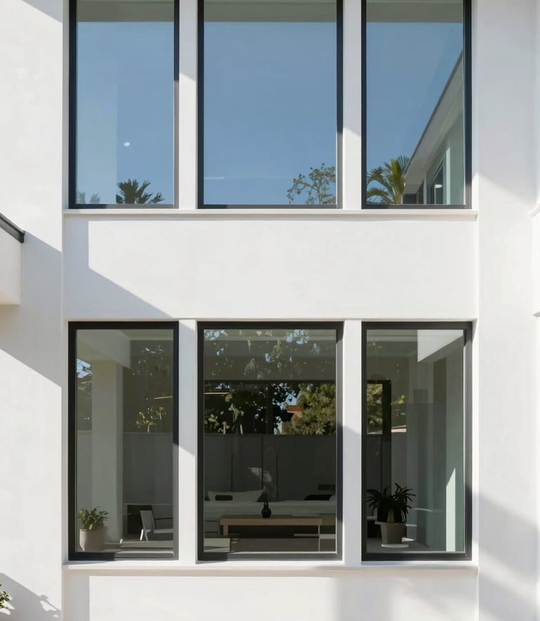 Straight-on architectural photo of a modern Gainesville home with large, pristine windows, bright natural daylight casting clean geometric shadows on a white wall, 35mm