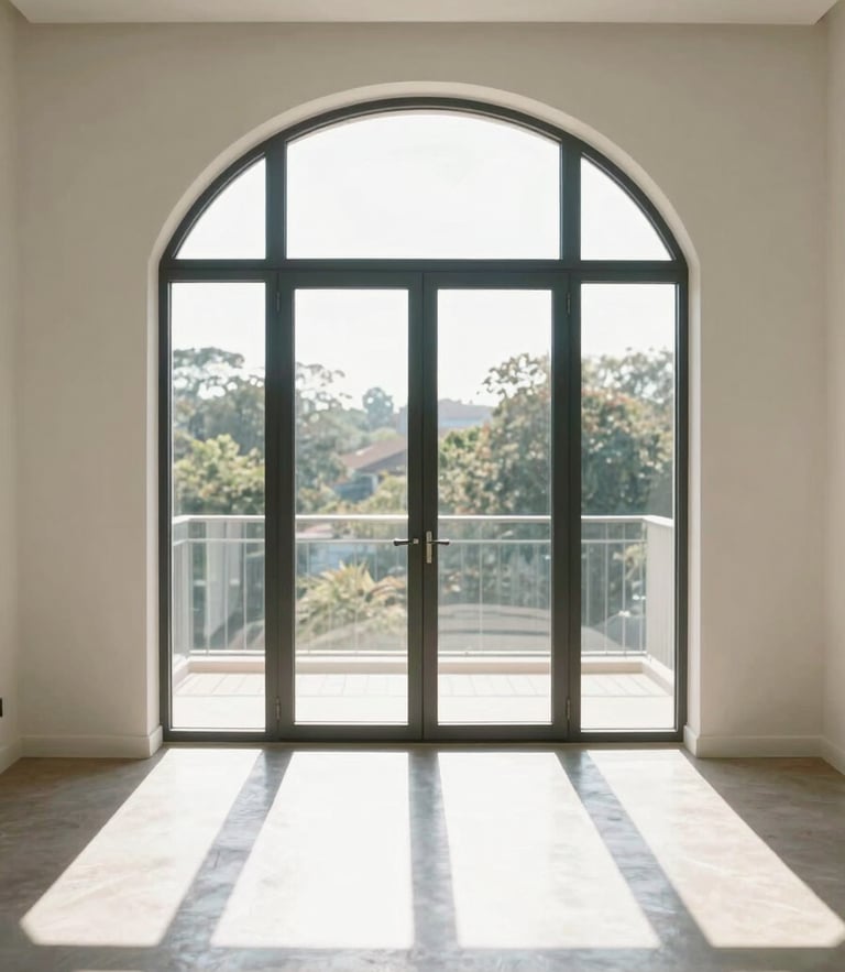 Straight-on architectural shot of a modern living room with a large arched window, bright natural daylight casting clean geometric shadows on the floor, 35mm