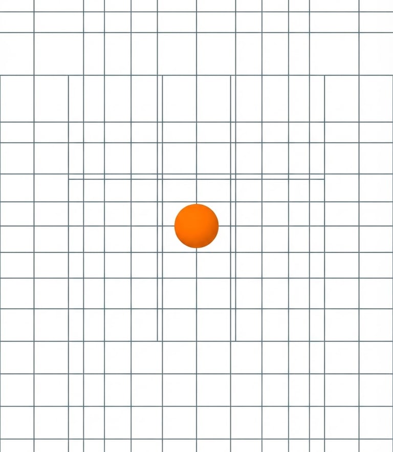 Clean geometric vector illustration of a precise architectural grid with intersecting slate lines and a single vibrant orange focal sphere, stark high-key white background, balanced minimalist composition with generous negative space