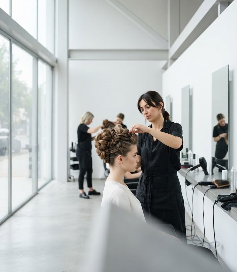 Crisp studio photography of a clean white academy interior with architectural lines, bright daylight, cool neutral tones.
