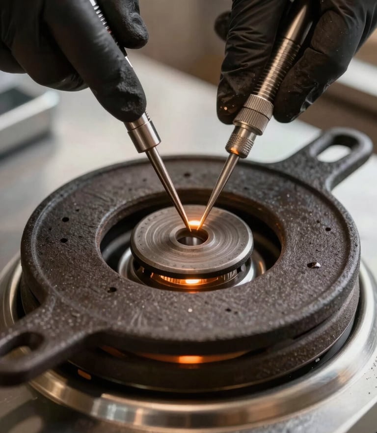 Macro shot of professional hands in dark gloves using precise tools on a clean, heavy cast iron stove burner, focused warm amber light illuminating metal textures.
