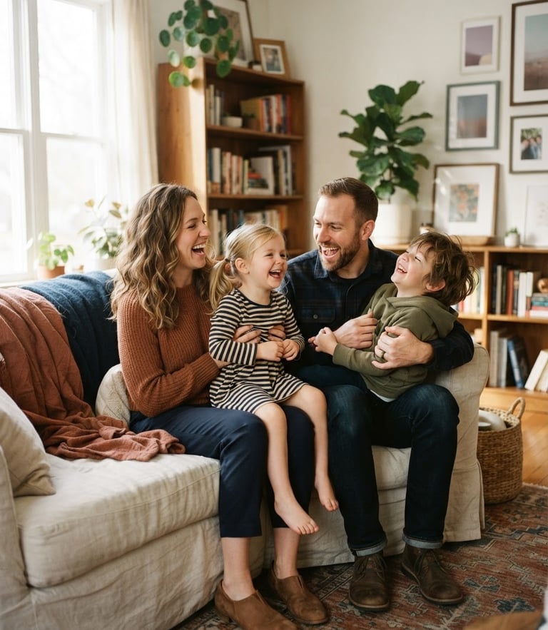 A warm editorial photograph of a young family laughing together in a sunlit living room, soft natural daylight, muted earth tones, 35mm