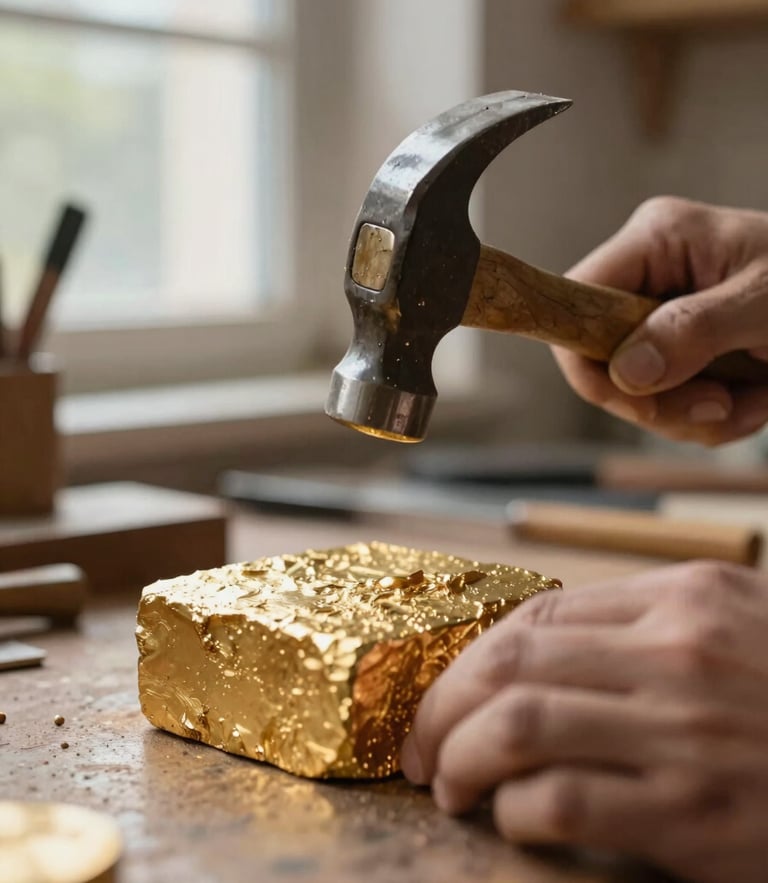 Warm directional side-light from a workshop window illuminating an artisan's hands shaping raw textured gold with a hammer, macro shot focusing on the rich metallic surface, shallow depth of field, 35mm photography.