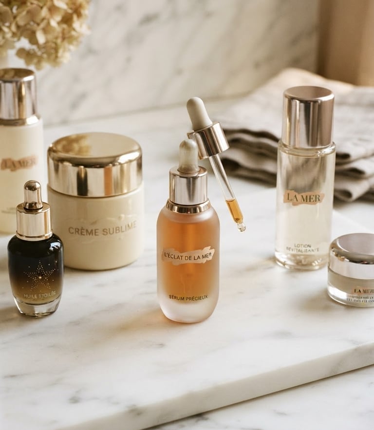 Pristine unopened luxury cosmetic bottles arranged on a clean marble surface, soft warm daylight, champagne tones, 35mm.