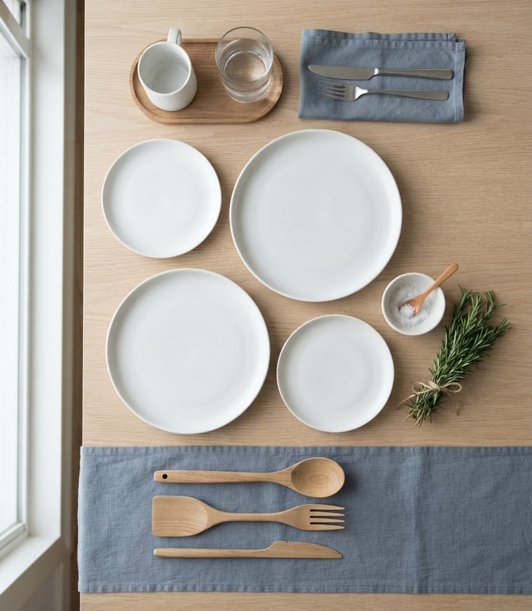 Top-down flat lay of neatly arranged white ceramic plates and minimalist wooden kitchen utensils under soft natural window light