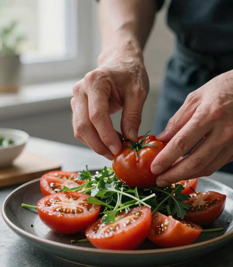 A close-up shot of a chef hands-on styling a fresh heirloom tomato salad on a dark ceramic plate, soft natural window light, Scandinavian kitchen setting