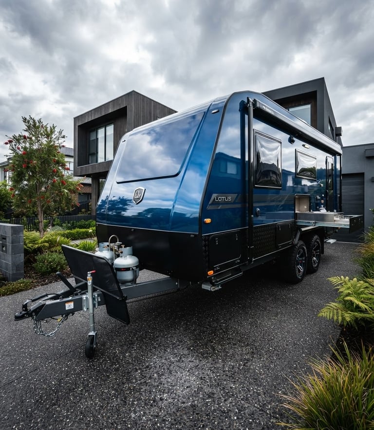 Low-angle heroic shot of a pristine caravan parked in a modern Melbourne driveway, high-contrast overcast daylight reflecting off the polished gelcoat, premium automotive style