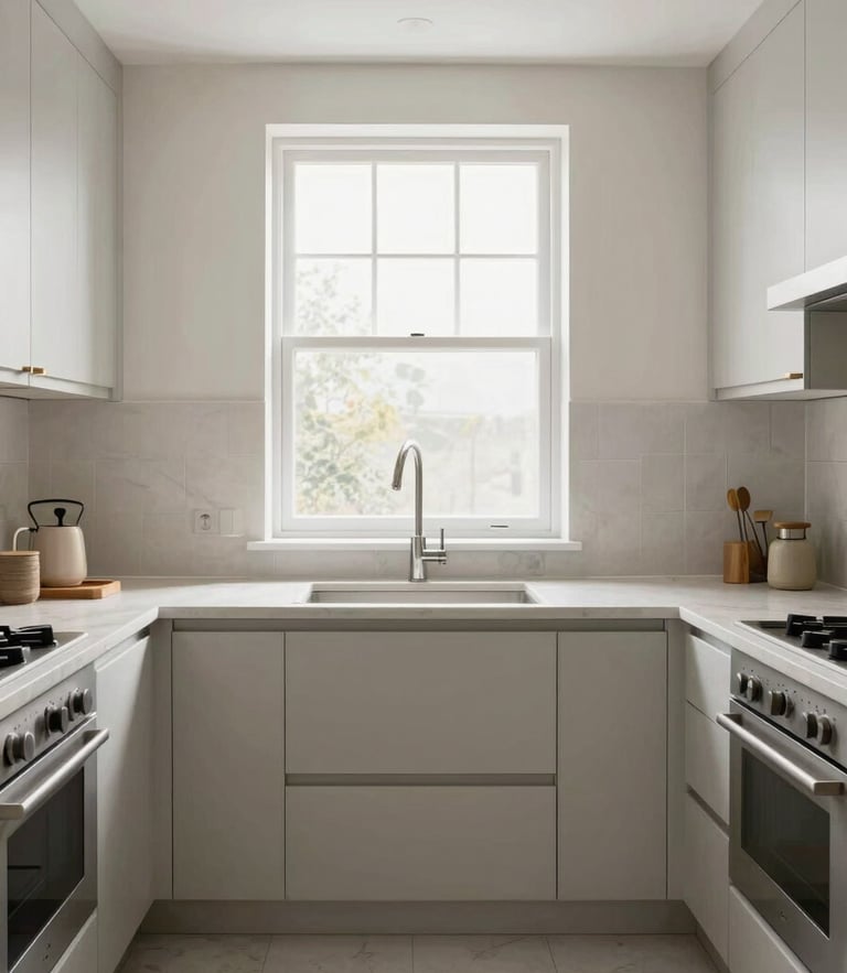 Straight-on architectural photography of a beautifully restored kitchen with bright natural window light, clean neutral tones, sharp focus, 35mm lens