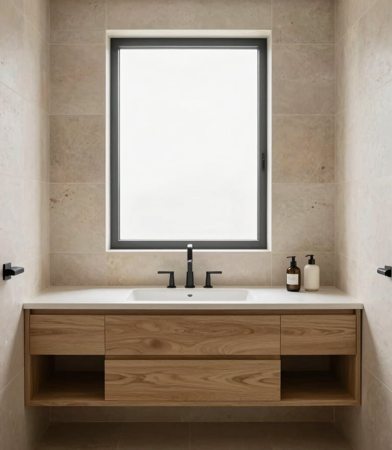 Straight-on architectural photography of a modern luxury bathroom, warm limestone tiles, bright natural window light, minimalist oak vanity, 35mm lens