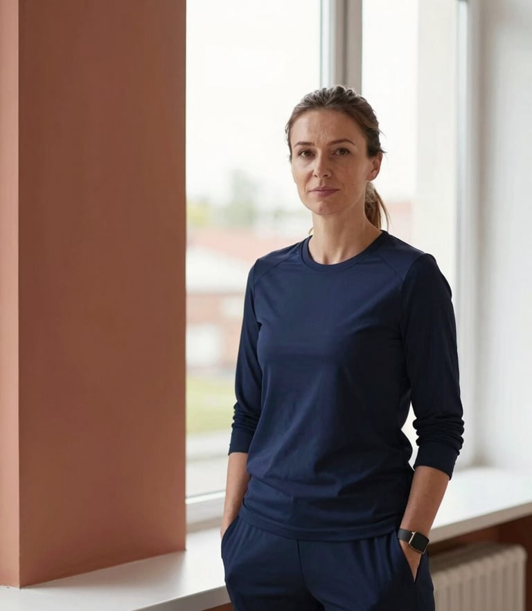 A professional environmental portrait of a female coach in Vilnius, natural window light, deep navy and terracotta tones, clean minimalist composition, 35mm
