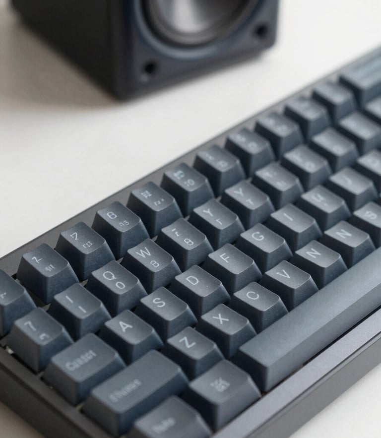 Macro shot of a high-end mechanical keyboard and studio monitor in a clean, professional editing setup, cool slate tones, sharp focus, 35mm