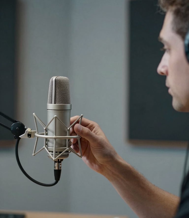 A professional male creator adjusting a high-end studio microphone in a modern architectural podcast studio, cool crisp north-facing light, 35mm