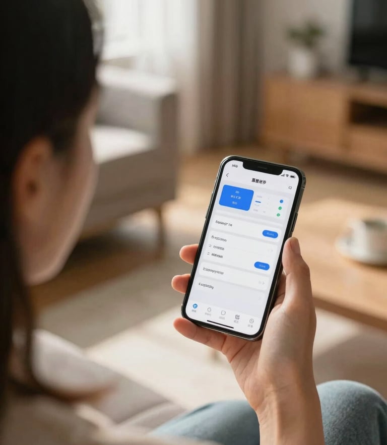 Over-the-shoulder shot of a person sitting in a sunlit living room, holding a smartphone showing a clean financial dashboard, soft diffused morning light, relaxed atmosphere.