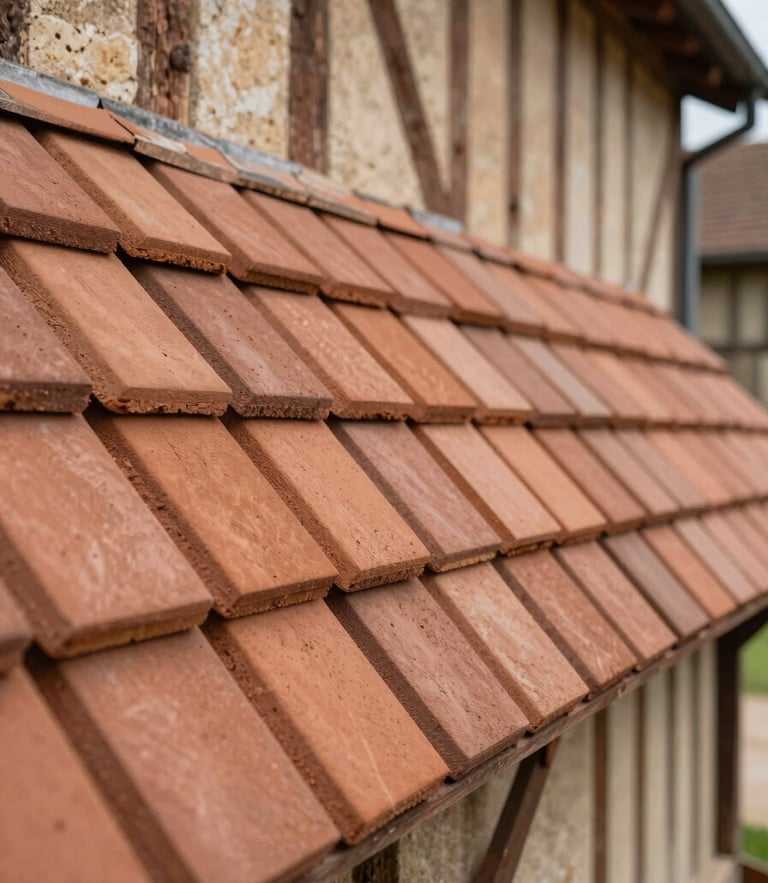 Alignement précis de tuiles plates neuves couleur terre cuite sur une charpente traditionnelle en Seine-et-Marne.