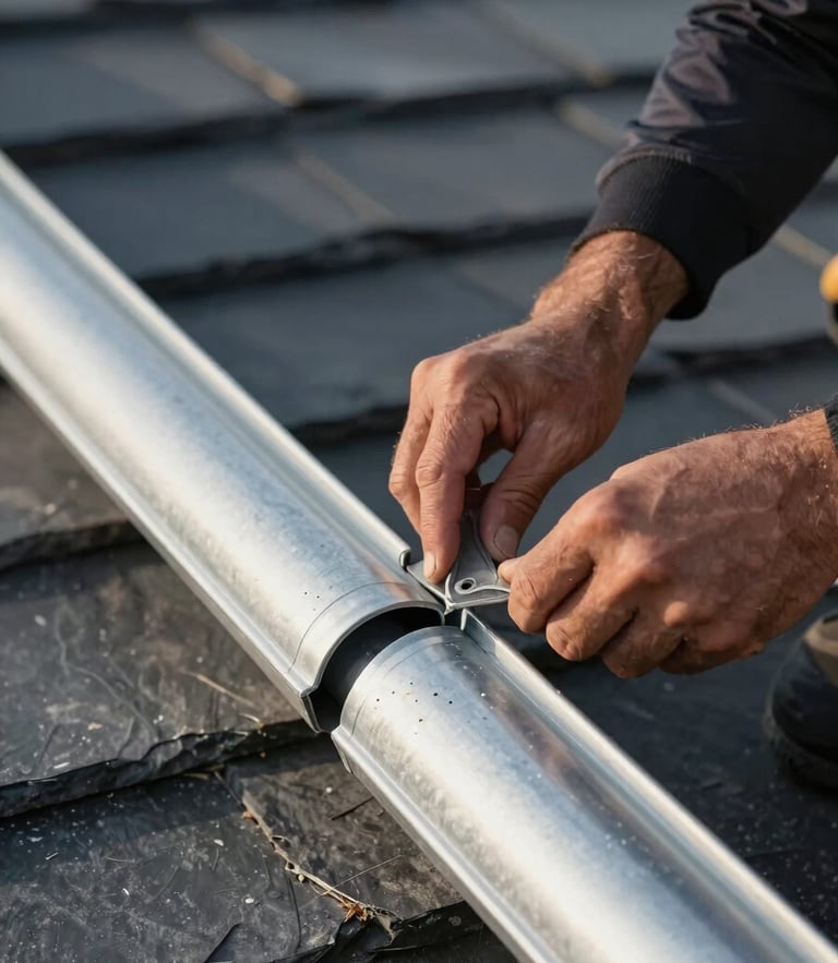 Close-up of a professional roofer's hands repairing a zinc gutter joint under crisp morning light, slate tiles visible in background