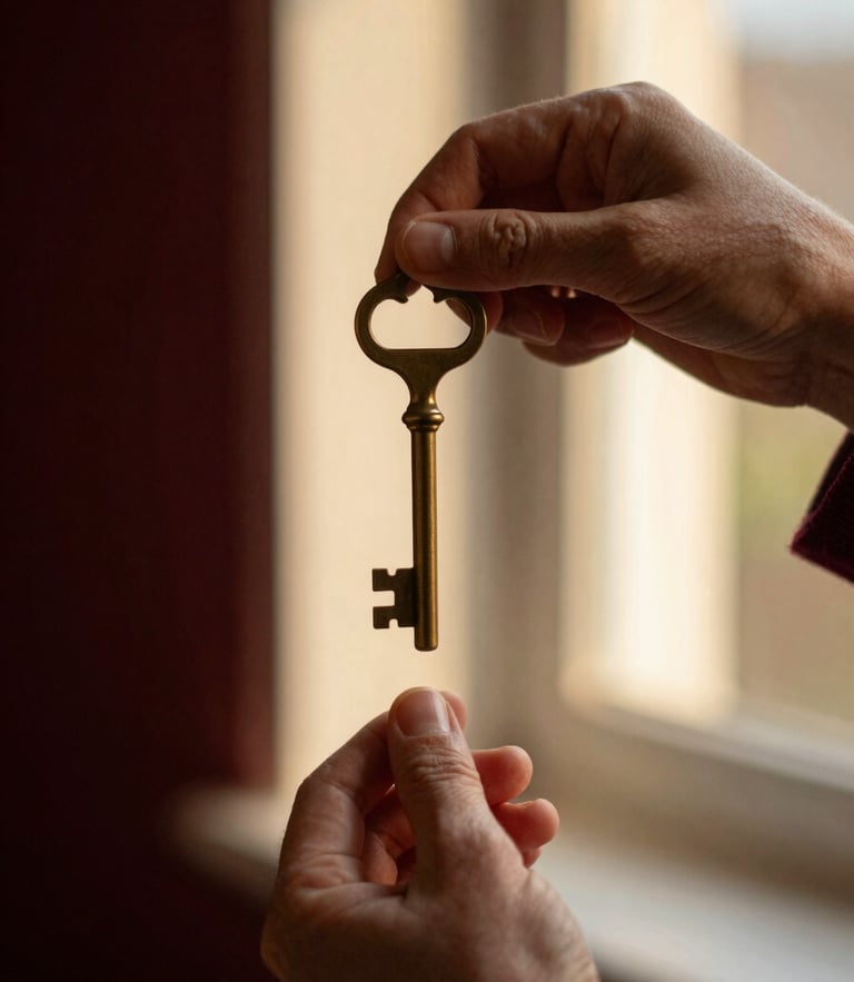 A close-up of hands holding a classic brass key in warm golden-hour window light, rich cream background, shallow depth of field, 35mm