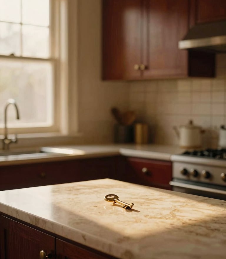 Sunlit shared kitchen with heritage wooden cabinets, warm golden-hour light streaming through a window, a brass key resting on a polished counter, 35mm photography.