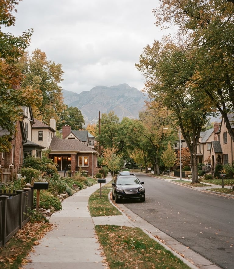 Warm editorial photograph of a quiet residential street in the Salt Lake Valley, soft overcast natural daylight, 35mm