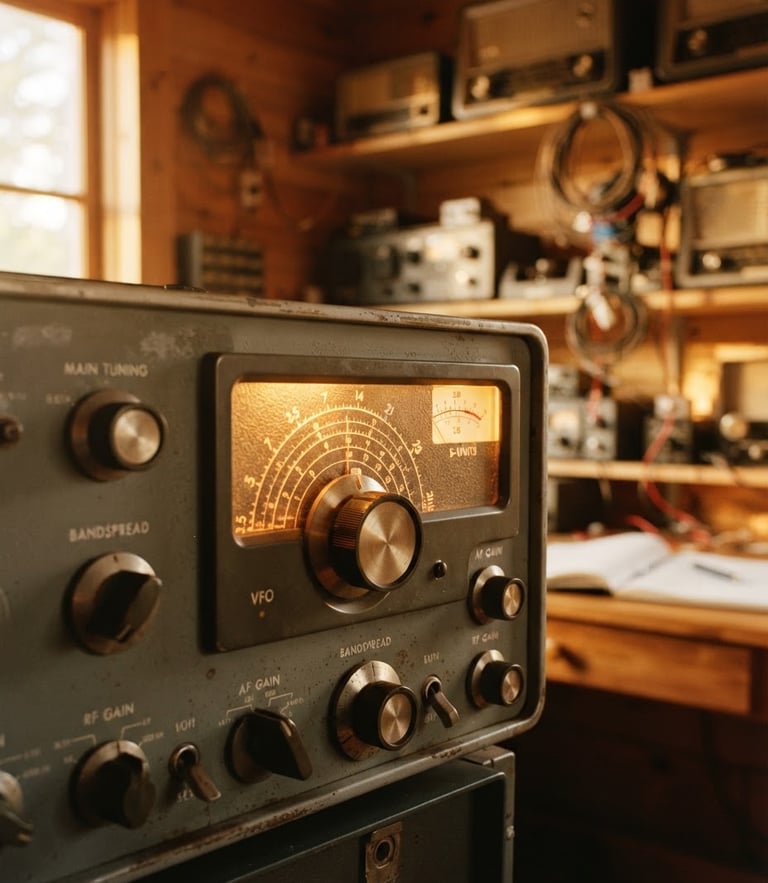Warm documentary shot of a vintage ham radio transceiver dial softly lit by golden hour light in a cozy wooden room, soft depth of field