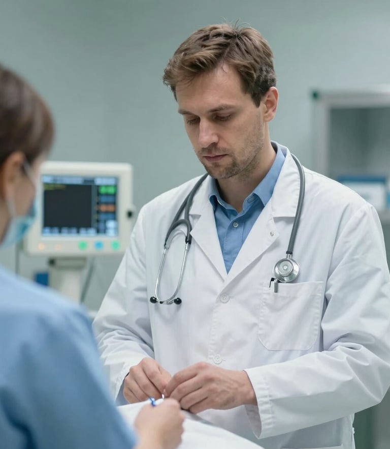 Medium close-up of a focused physician reviewing medical charts on a screen, cool daylight-balanced illumination, clean clinical environment.