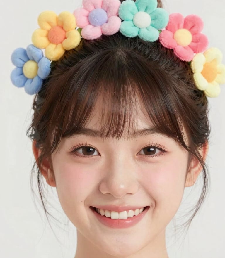 Close-up of a smiling patient with colorful flower hair accessories, bright pastel-tinted studio light, cheerful tones, 35mm lens