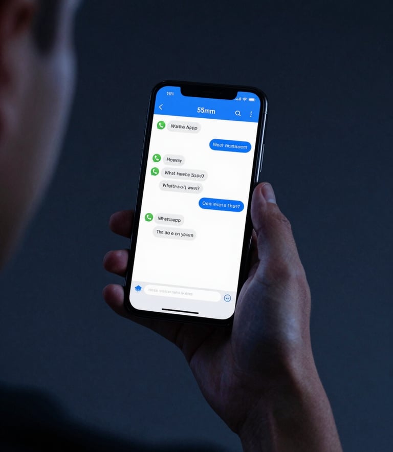 Over-the-shoulder perspective of a person holding a smartphone showing a clean WhatsApp chat screen with blue accents, cool dark studio lighting, 35mm