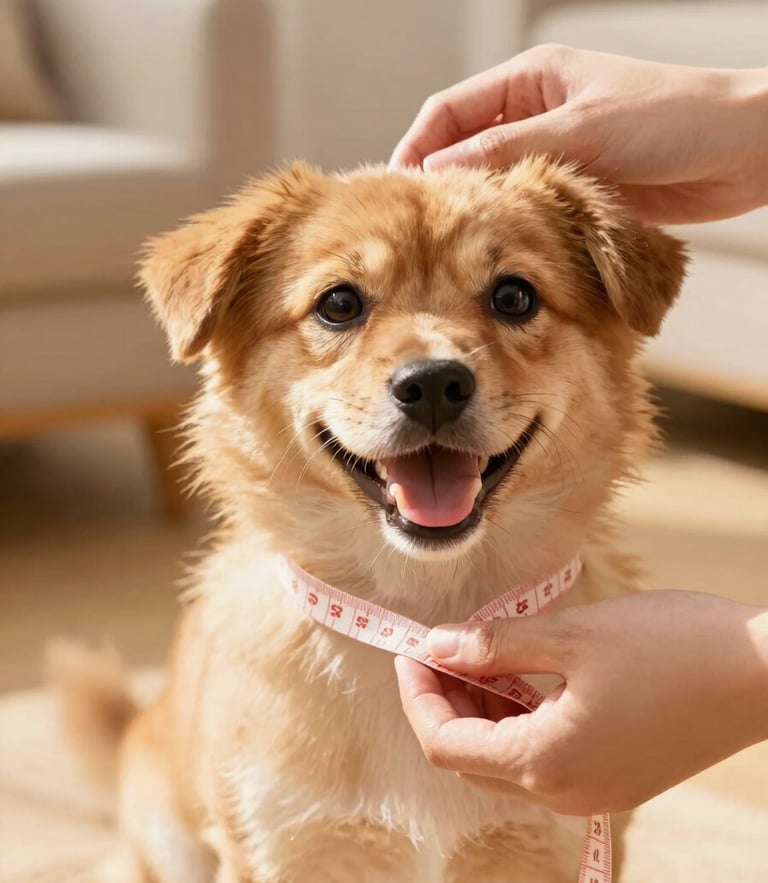 A close-up of hands gently measuring a happy small dog with a soft tape measure, warm natural light, cozy home setting.