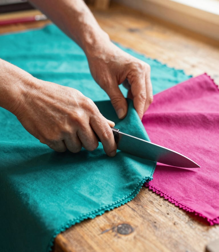 Close-up of artisan hands cutting vibrant teal and magenta fabrics on a rustic wooden table, soft natural daylight, warm cozy workshop atmosphere
