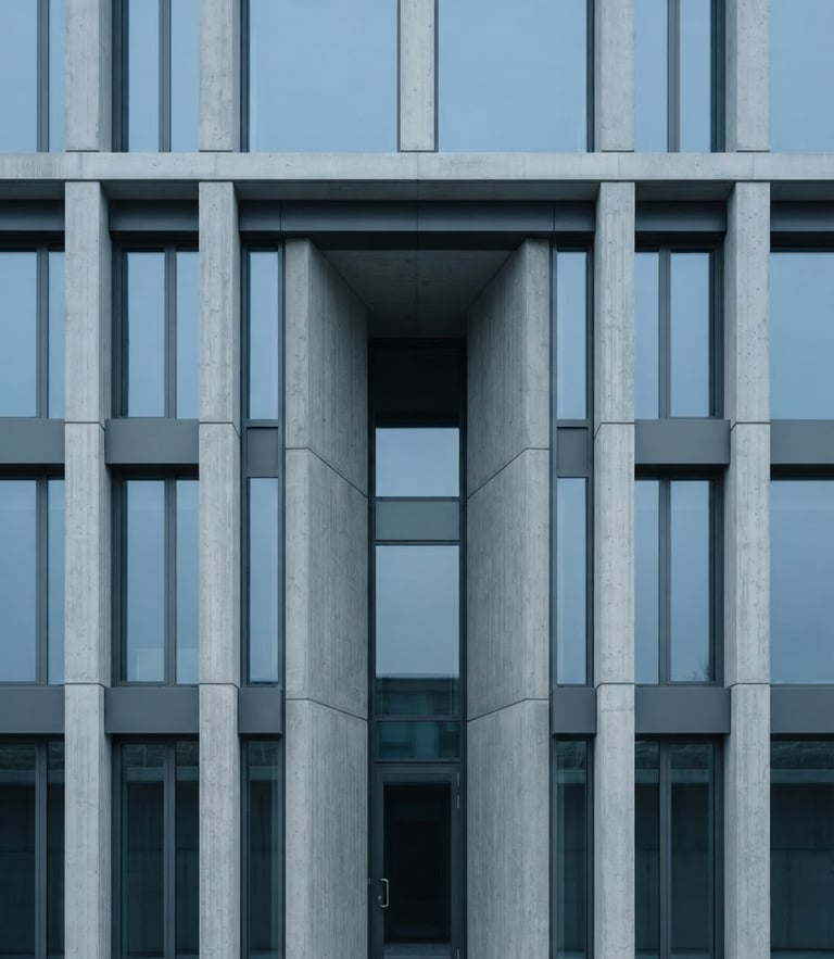 Symmetrical architectural detail of a modern concrete and steel facade, clean lines, cool overcast daylight, sharp focus, desaturated blue tones