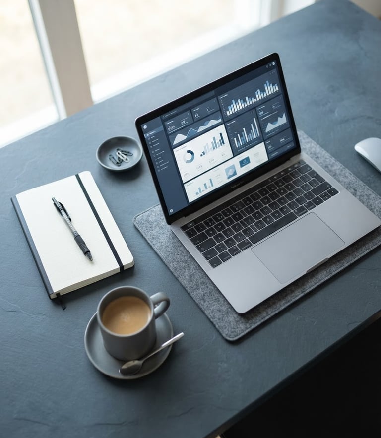Overhead desk setup with a laptop displaying clean analytics charts, modern notebook, and coffee, sharp focus, cool slate tones, bright natural workspace lighting