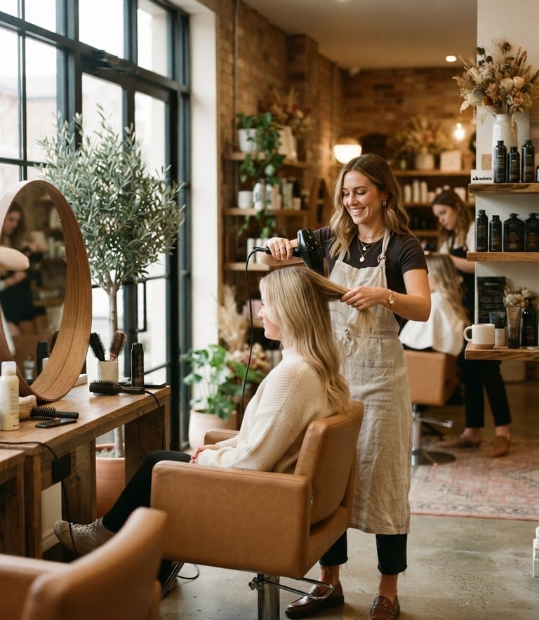 A warm editorial photograph of a beautifully styled hair salon interior with soft natural window light, rich cream and coffee tones, shallow depth of field, 35mm