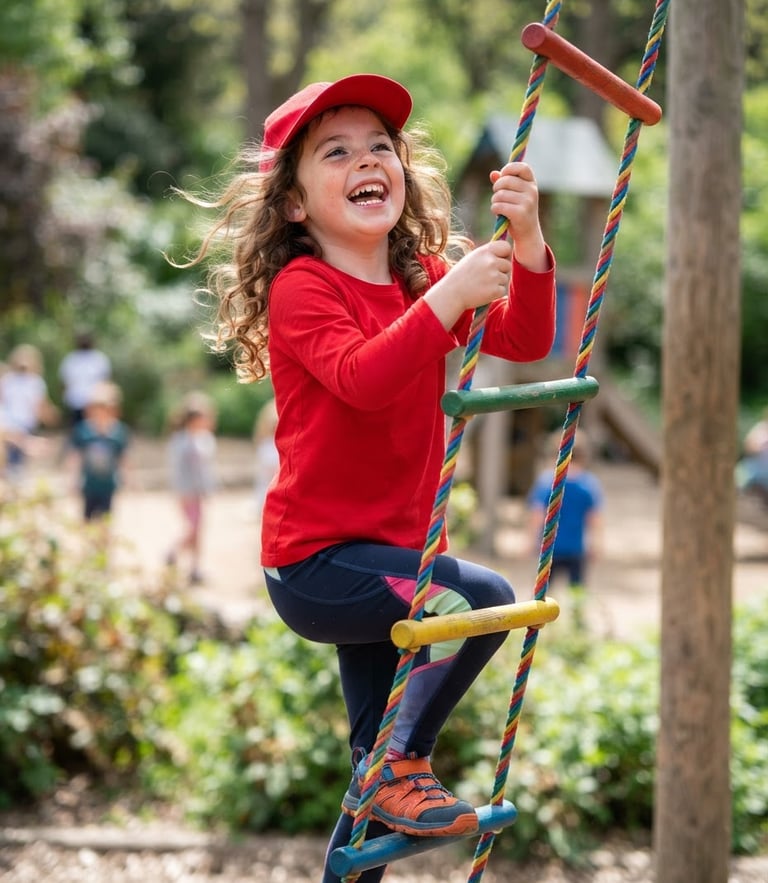 Dynamic eye-level photo of a child laughing while climbing a colorful rope ladder outdoors, bright natural daylight, wearing vibrant primary red clothing