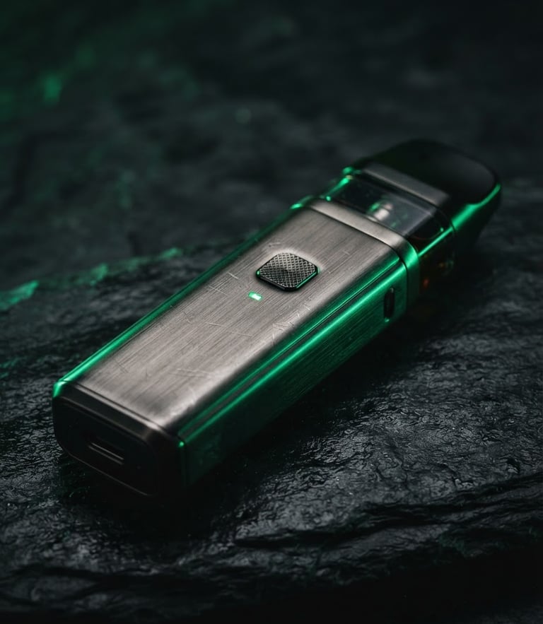 Macro close-up of a premium brushed-metal vape device on a dark slate surface, dramatic emerald green rim lighting, high-contrast, 35mm photography
