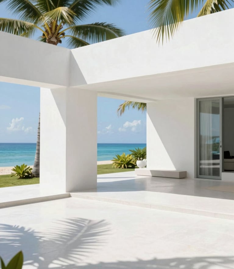 Bright editorial travel photography, sun-drenched modern tropical villa interior with clean white concrete walls, palm shadows, high-noon light, spacious and minimalist