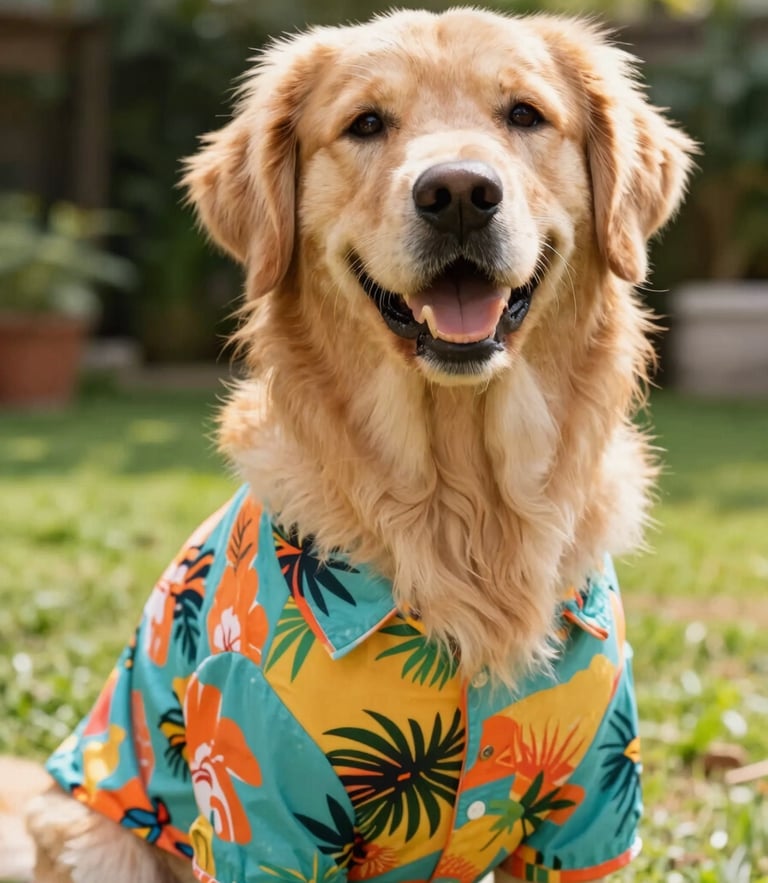 A happy golden retriever wearing a vibrant tropical print shirt, sitting in a sunlit garden, looking up at the camera, joyful eye-level pet photography